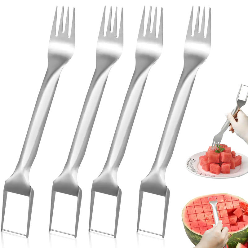 4 Pcs Watermelon Fork Slicer Cutter Stainless Steel 2-in-1 Watermelon Fork Slicer Portable Watermelon Fork Watermelon Cutter Slicer Tool Fruit Forks Slicer for Home Party Camping Kitchen Gadget