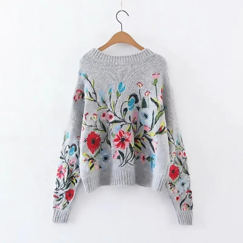 Embroidered Floral Sweater with Round Neck for Women